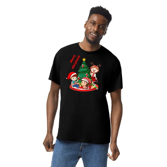 GOLDENROW Funny Merry Christmas T-Shirt for Adult Men, 5.3oz Crewneck Christmas Shirt for Festive Season, Short Sleeve Graphic Print T-Shirt Black, S