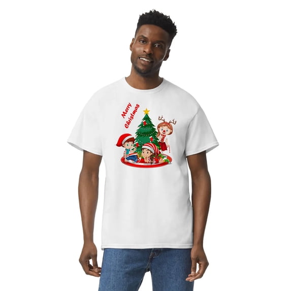 GOLDENROW Funny Merry Christmas T-Shirt for Adult Men, 5.3oz Crewneck Christmas Shirt for Festive Season, Short Sleeve Graphic Print T-Shirt White, M