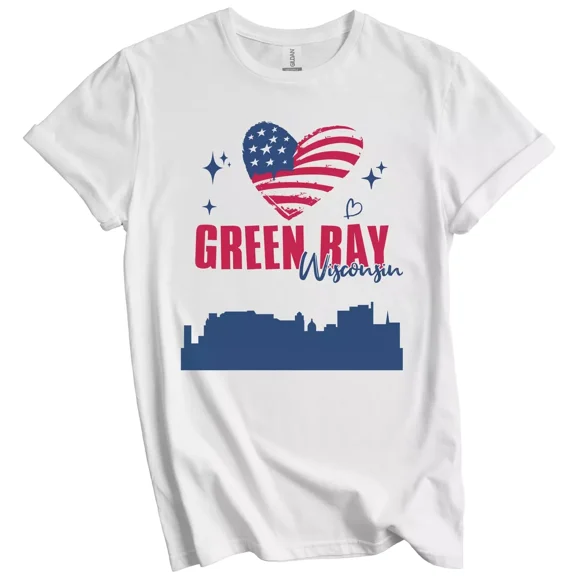 Gildan Green Bay Wisconsin Skyline American Flag Heart T-Shirt Gift for Men Women Unisex Tee