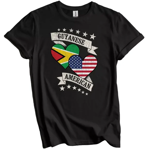 Gildan Guyanese American Heart Flags Guyana USA T-Shirt - Guyanese Gift Gift for Men Women Unisex Tee