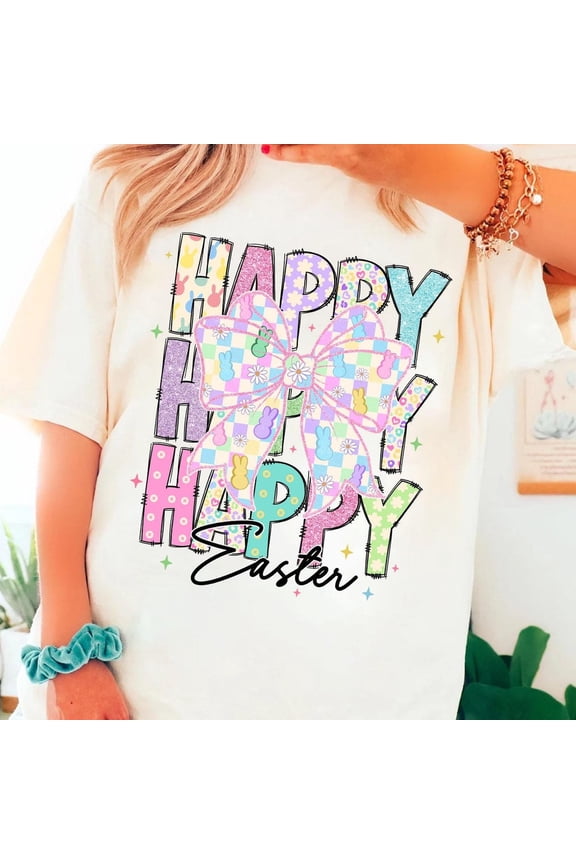 Happy Easter T-shirt, Easter Bunny Coquette T-shirt, Checkered coquette bow T-shirt, Retro Easter T-shirt, Coquette Easter T-shirt, Kids Easter Sublimation