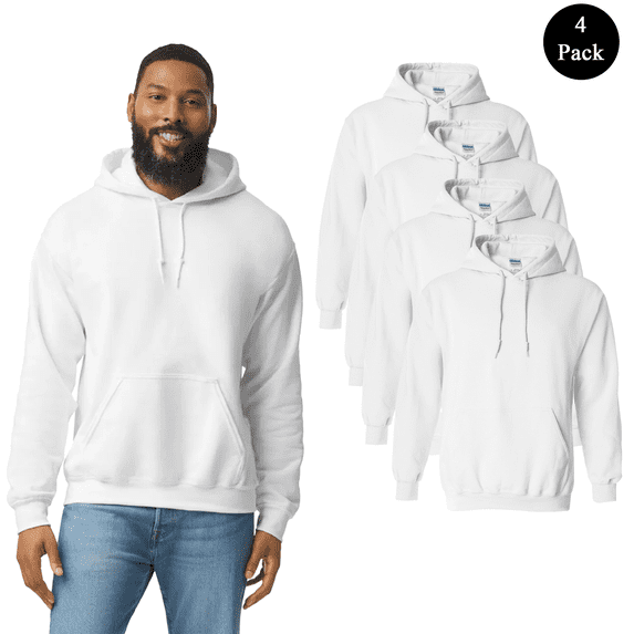 Gildan Heavy Blend Hooded Sweatshirt for Men, White Pullover Fleece Hoodie, 4 Pack, Size S
