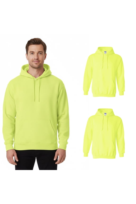 Heavy Blend Men's Hi-Vis Hoodie, Warm, Durable Hooded Sweatshirt, Safety Green, 2-Pack, L