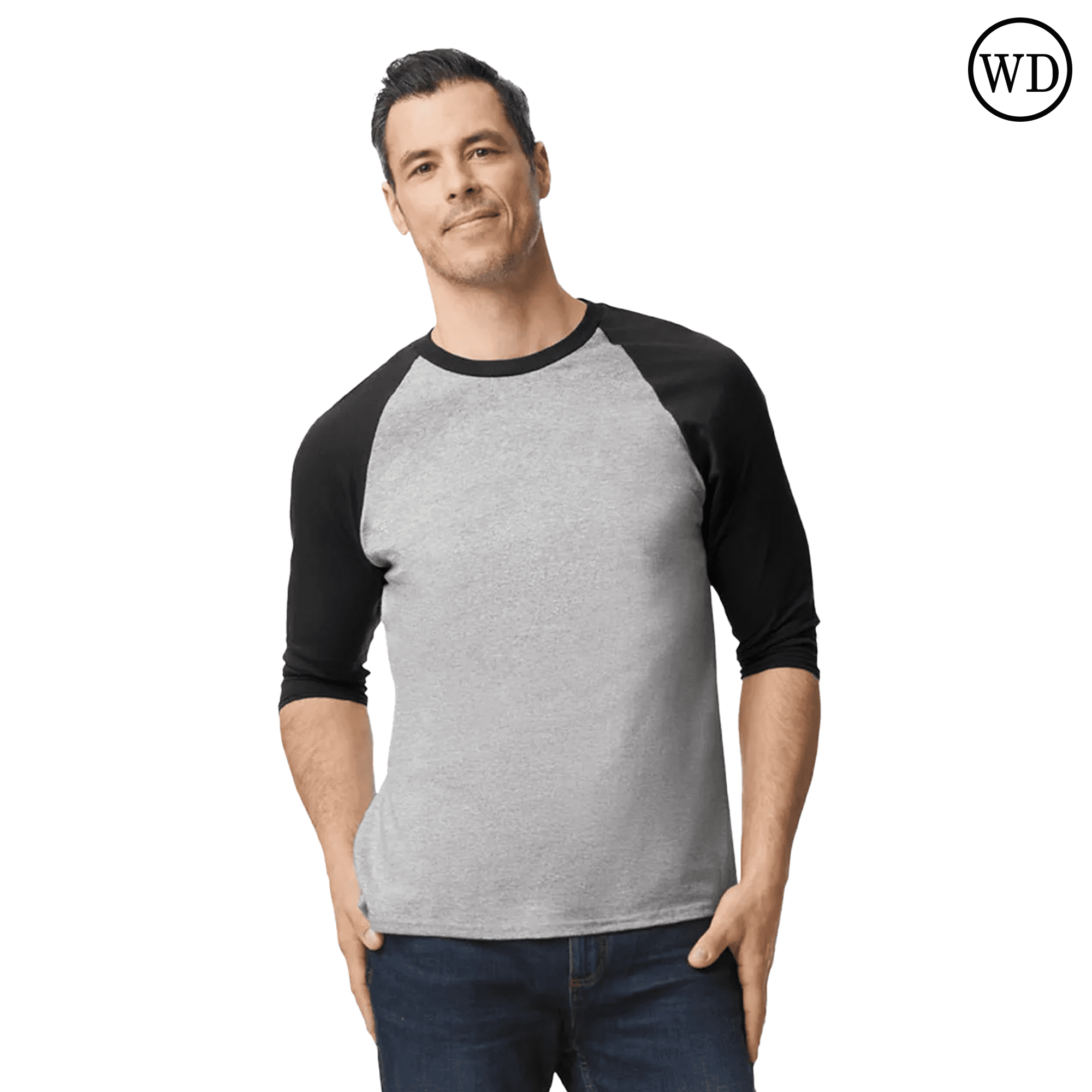 Gildan Heavy Cotton 3/4 Sleeve Raglan T-Shirt, Soft Cotton, Unisex Baseball Tee, Sport Grey/ Black, Pack of 4, S