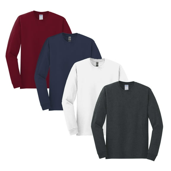 Gildan Heavy Cotton Assorted Tee for Men, Long Sleeve Crew Neck Comfortable T-Shirt, Mix 4-Pack, L