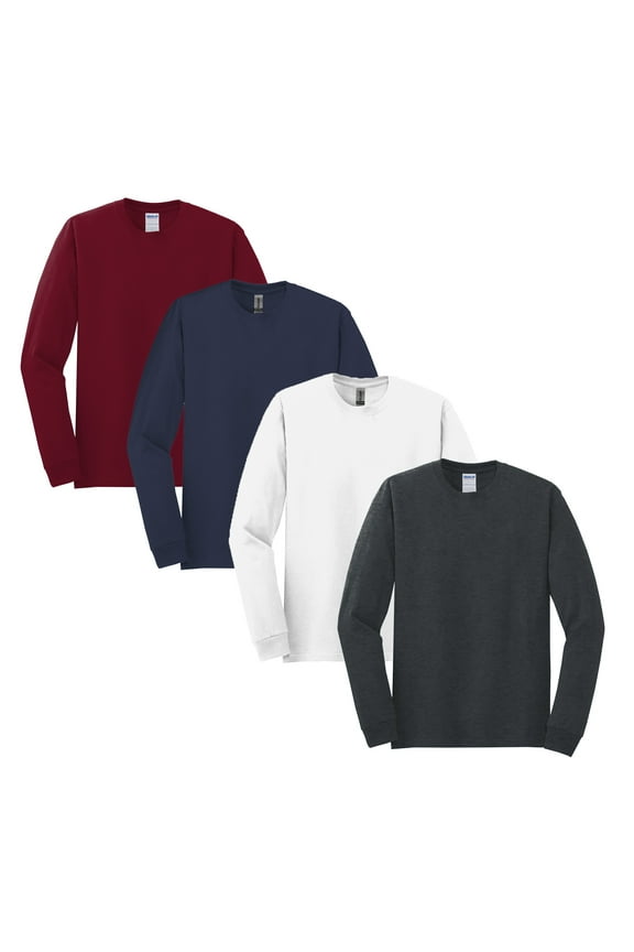 Heavy Cotton Assorted Tee for Men, Long Sleeve Crew Neck Comfortable T-Shirt, Mix 4-Pack, L
