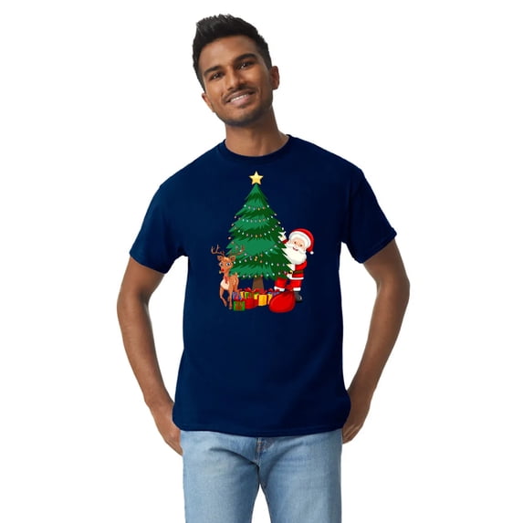 Gildan Heavy Cotton Christmas T-Shirt, Festive Santa Claus T-Shirt with Deer and Pine Tree Design for Men Classic fit Graphic Tees, Navy XL