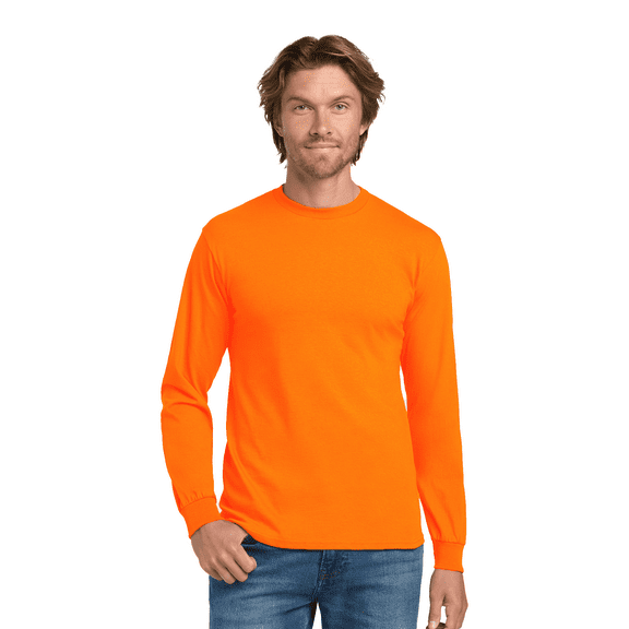 Gildan Heavy Cotton Hi Vis Work Shirt, ANSI High Visibility Long Sleeve T-Shirt, Safety Orange, L