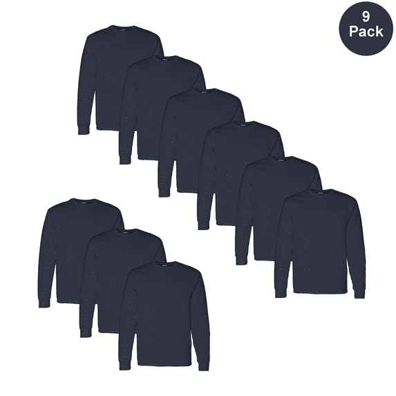 Gildan Heavy Cotton Long Sleeve Navy T-Shirt, Men's 9 Pack 100% Cotton Taped Neck Tee, S