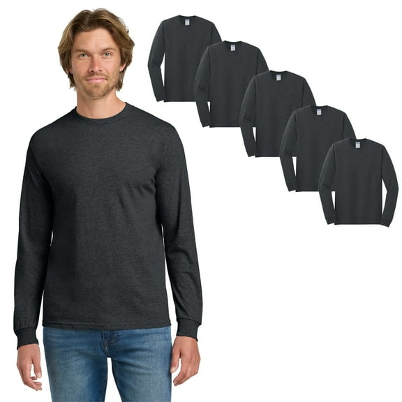 Gildan Heavy Cotton Long Sleeve Shirt, Bulk Casual Crewneck Tee, Dark Heather, 5 Pack, L