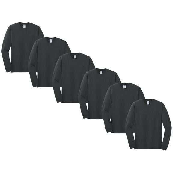 Gildan Heavy Cotton Long Sleeve Shirt, Bulk Casual Crewneck Tee, Dark Heather, 6 Pack, L