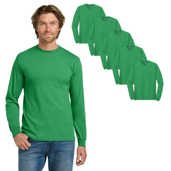 Gildan Heavy Cotton Long Sleeve Shirt, Casual Crewneck Tee, Bulk Irish Green, Pack of 5, XL