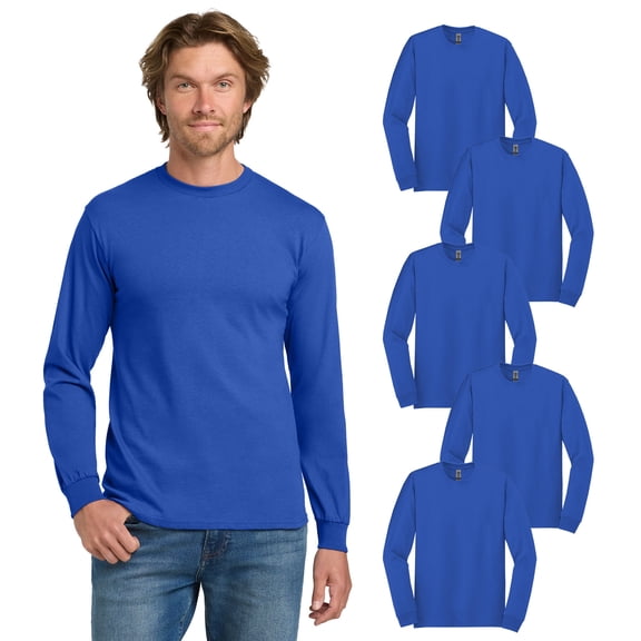 Gildan Heavy Cotton Long Sleeve Shirt, Casual Crewneck Tee, Royal Bulk Tee, Pack of 5, XL