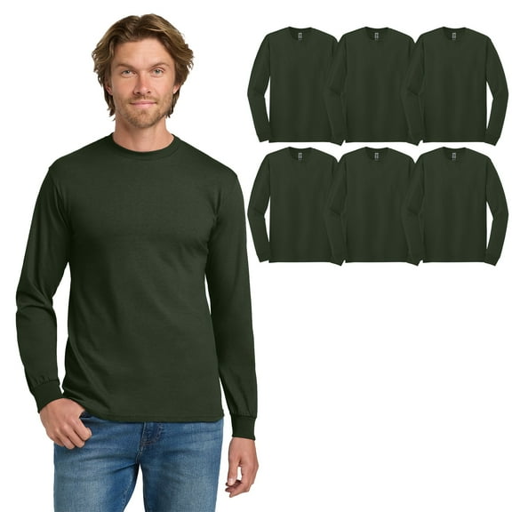 Gildan Heavy Cotton Long Sleeve Shirt, Casual Shirt, Forest Crewneck Tee, 6-Pack, L