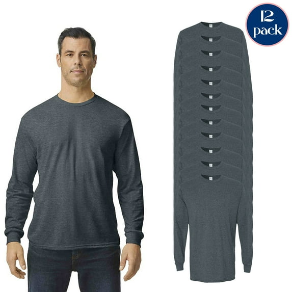 Gildan Heavy Cotton Long Sleeve T-Shirt 5400, Classic Men’s Dark Heather Tee, Bulk Pack of 12, S