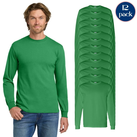 Gildan Heavy Cotton Long Sleeve T-Shirt, Adult’s 12 Bulk Pack Irish Green Tee, Size S