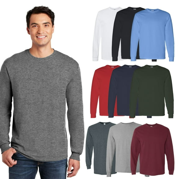 Gildan Heavy Cotton Long Sleeve T-Shirt Crew Neck for Men, Assorted Color Bulk, M, Pack of 9