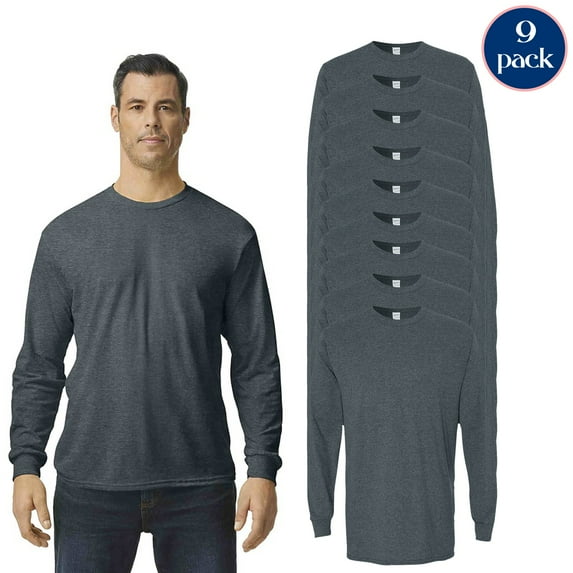 Gildan Heavy Cotton Long Sleeve T-Shirt For Men, Crewneck Classic Fit Forest Color Tee, 12 Pack, S