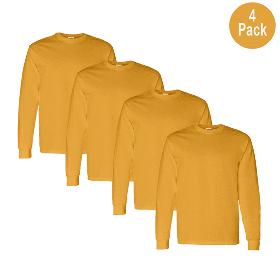 Gildan Heavy Cotton Long Sleeve T-Shirt, Men's 4 Pack 100% Cotton Crewneck Classic Gold Tee, XL