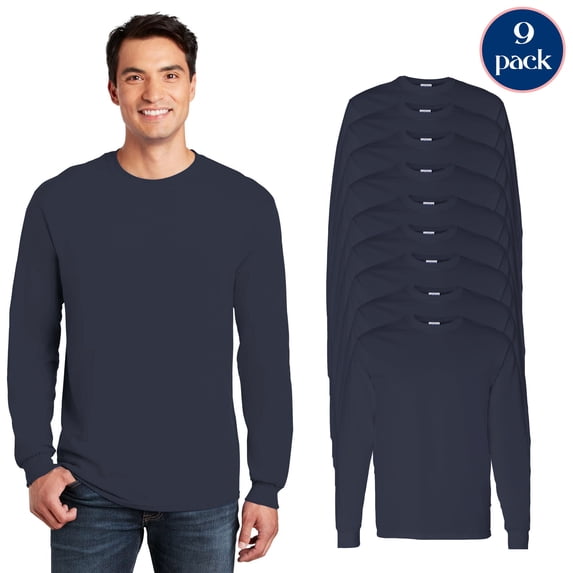 Gildan Heavy Cotton Long Sleeve T-Shirt, Men’s Crewneck Navy Tee, 9-Pack Cotton Casual Shirts, S