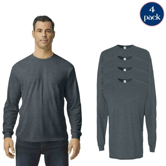 Gildan Heavy Cotton Long Sleeve T-Shirt, Men's Dark Heather T-Shirt Pack of 4, XL Size Casual Tee