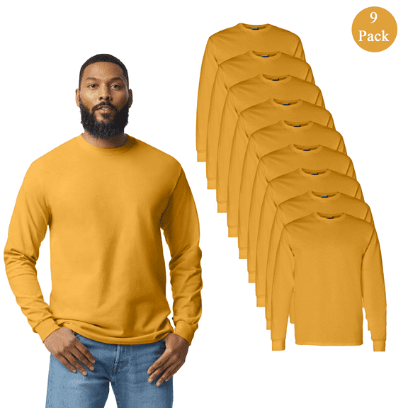 Gildan Heavy Cotton Long Sleeve T-Shirt, Men's Gold T-Shirt Pack of 9, Everyday Wear Tee, M