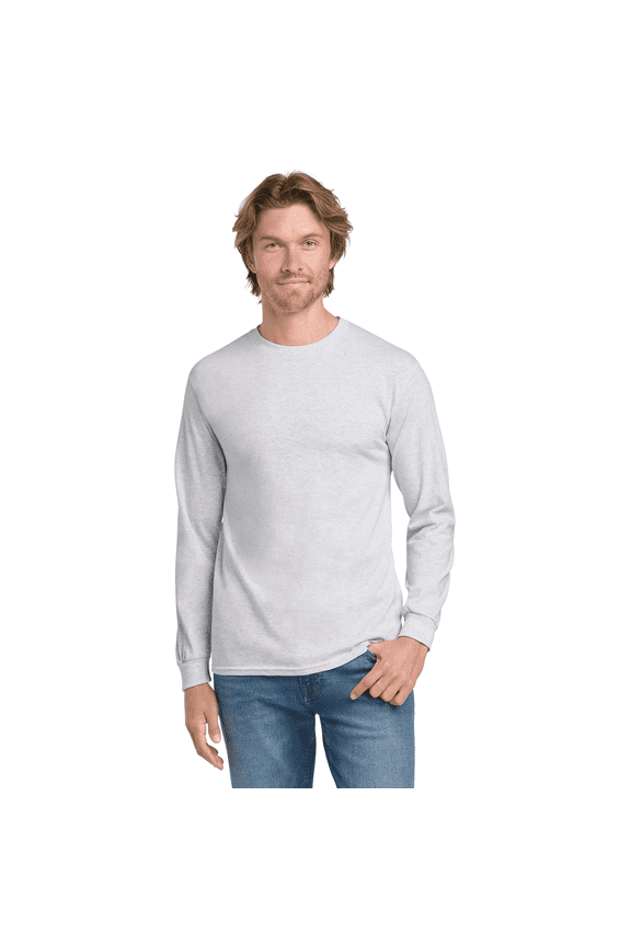 Heavy Cotton Long Sleeve T-Shirt, Men's Taped neck Classic Fit Ash Tee, 3XL