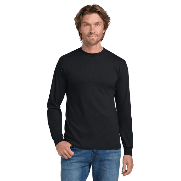 Gildan Heavy Cotton Long Sleeve T-Shirt, Men's Taped neck Classic Fit Black Tee, S