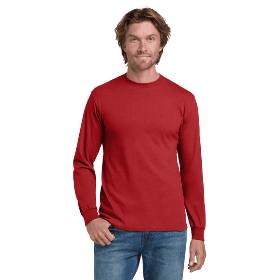Gildan Heavy Cotton Long Sleeve T-Shirt, Men's Taped neck Classic Fit Red Tee, 3XL