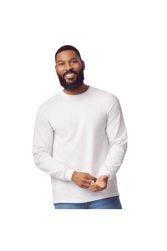 Heavy Cotton Long Sleeve T-Shirt, Men's Taped neck Classic Fit White Tee, 2XL