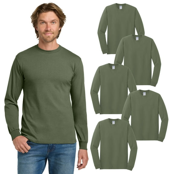 Gildan Heavy Cotton Long Sleeve T-Shirt, Military Green, Crewneck Casual Tee for Men, 5-Pack, S