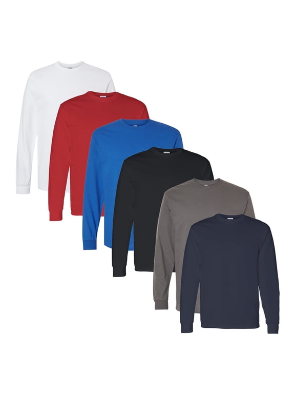 Heavy Cotton Long Sleeve T-Shirt for Men, 100% Soft U.S. Cotton, Crewneck Cotton Tees, Assorted Color, Pack of 6, Size- M