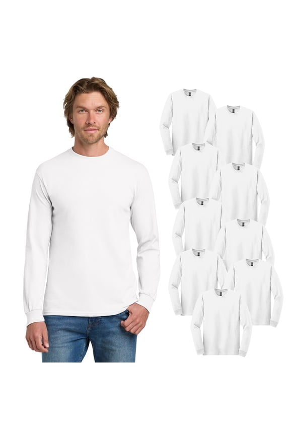 Heavy Cotton Long Sleeve T-Shirt for Men, Durable Crew Neck Casual Tee, White, 9-Pack, 3XL