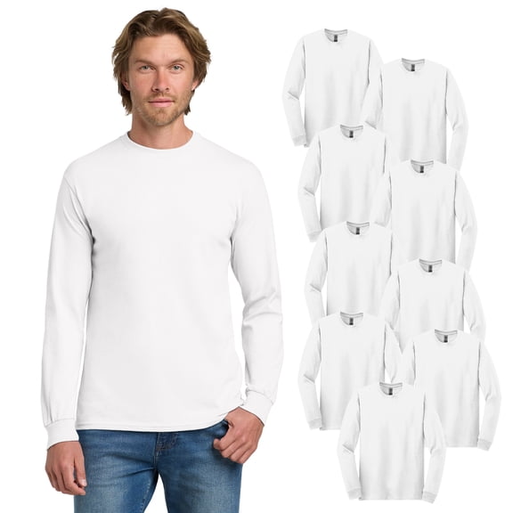 Gildan Heavy Cotton Long Sleeve T-Shirt for Men, Durable Crew Neck Casual Tee, White, 9-Pack, S