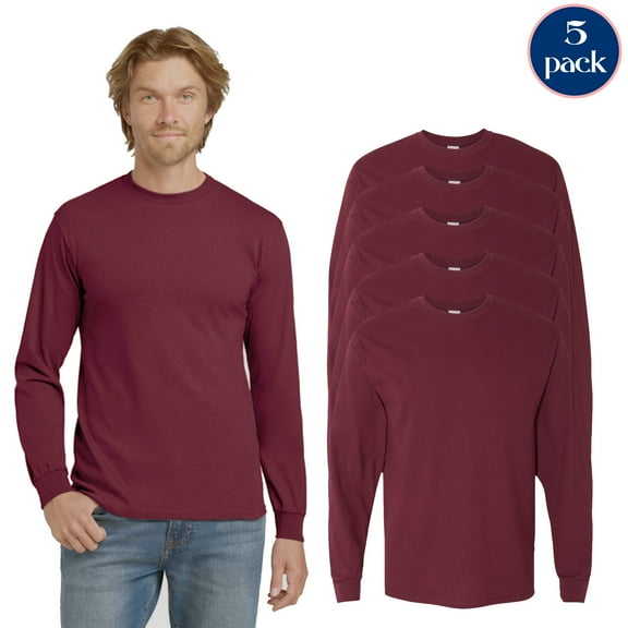 Gildan Heavy Cotton Long Sleeve T-Shirt for Men, Everyday Wear 5 Pack T-Shirts, Maroon, S