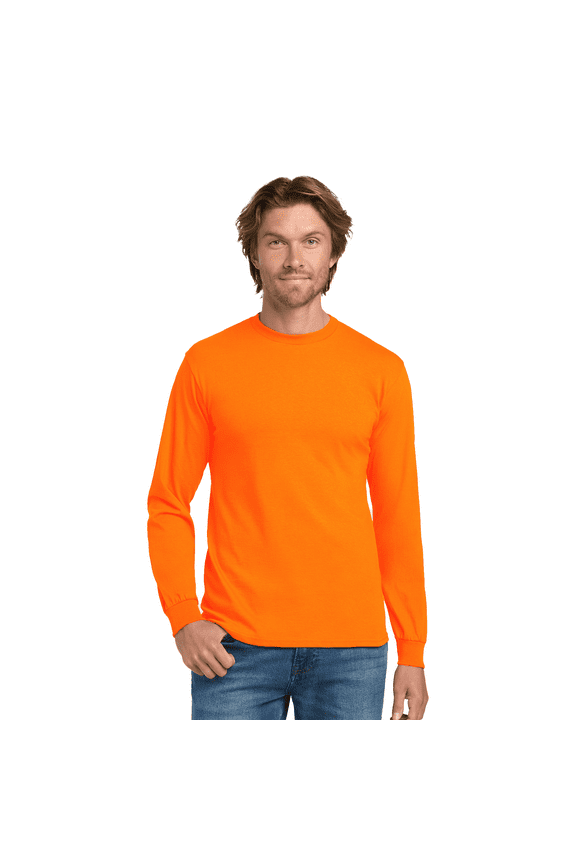 Heavy Cotton Long Sleeve T-Shirt for Men, Hi Vis Safety Workwear, Safety Orange, L