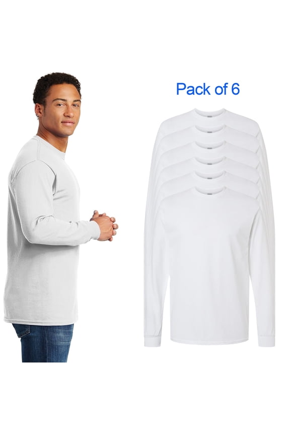 Heavy Cotton Long Sleeve T-Shirt for Men, Plain Long Sleeve Tee 100% Cotton, White Pack 6 L