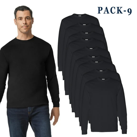 Gildan Heavy Cotton Long Sleeve T-Shirt for Men - Plain Long Sleeve Tees - Bulk Tee | 100% Cotton | Black | Size 3XL - Pack Of 9