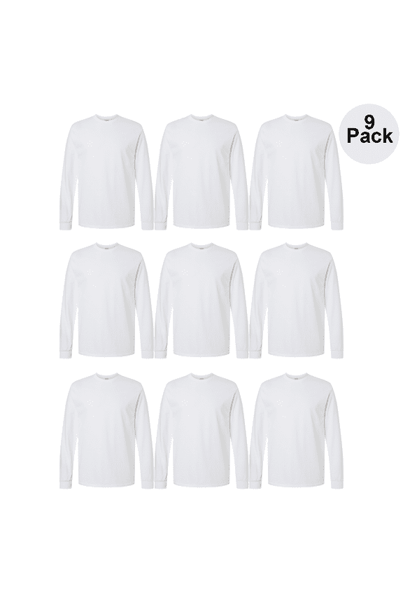 Heavy Cotton Long Sleeve T-Shirt for Men - Plain Long Sleeve Tees - Bulk Tee | 100% Cotton | White | Size L - Pack Of 9