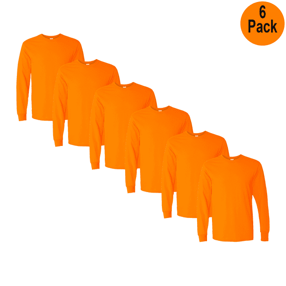 Gildan Heavy Cotton Men Hi-Vis Long Sleeve T-Shirt, Cotton and Polyester, Safety Orange, 6 Pack, XL