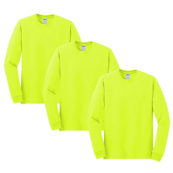 Gildan Heavy Cotton Men Hi-Vis Long Sleeve T-Shirt, Safety Green 3 Pack Workwear Tee, L