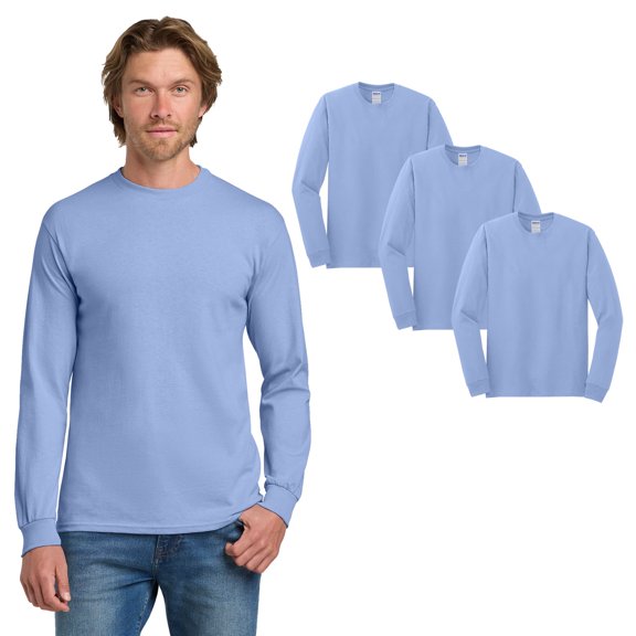 Gildan Heavy Cotton Men Long Sleeve T-Shirt, Classic Fit 3 Pack Carolina Blue Tee, L