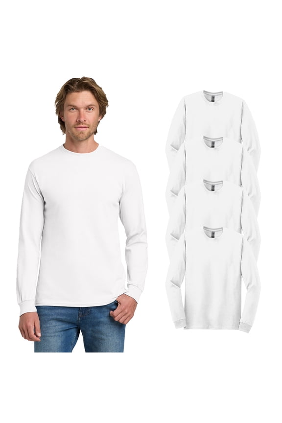 Heavy Cotton Men Long Sleeve T-Shirt, Classic Fit Crewneck 4 Pack White Tee, XL