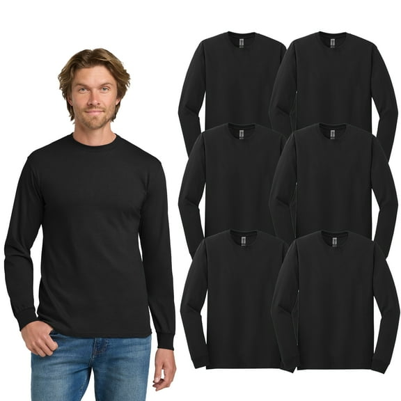 Gildan Heavy Cotton Men Long Sleeve T-Shirt, Classic Fit Crewneck 6 Pack Black Tee, XL