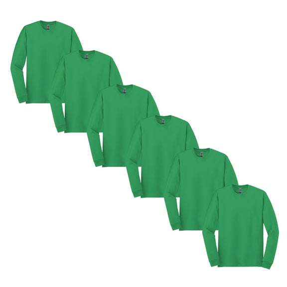 Gildan Heavy Cotton Men T-Shirt, Long Sleeve Crew Neck Tee, Soft Cotton, Irish Green, 6-Pack, L