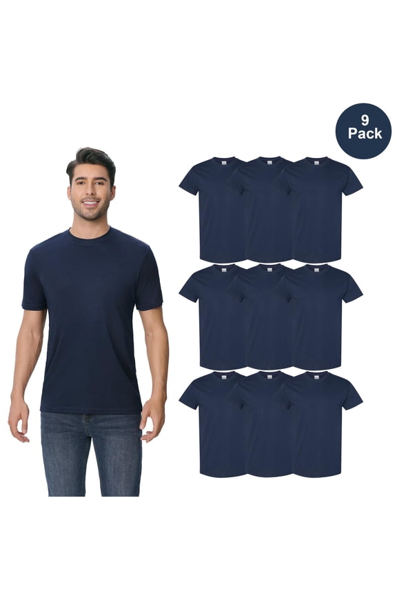 Heavy Cotton Men T-Shirt, Short Sleeve Crew Neck Classic Fit, Navy, 9 Pack Blank Tee, XL