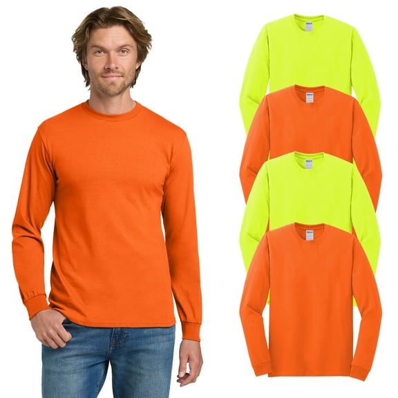 Gildan Heavy Cotton Men’s Hi Vis Long Sleeve T-Shirt, Safety Green and Orange, Work Tee, 4-Pack, 2XL