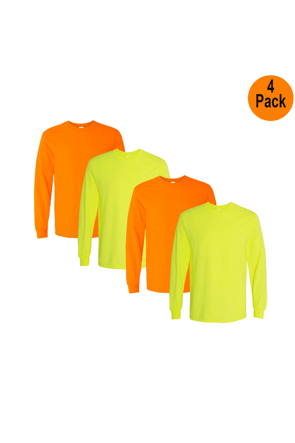 Heavy Cotton Men's Hi Vis Long Sleeve T-Shirt, Safety Green and Orange, XL, 4 Pack