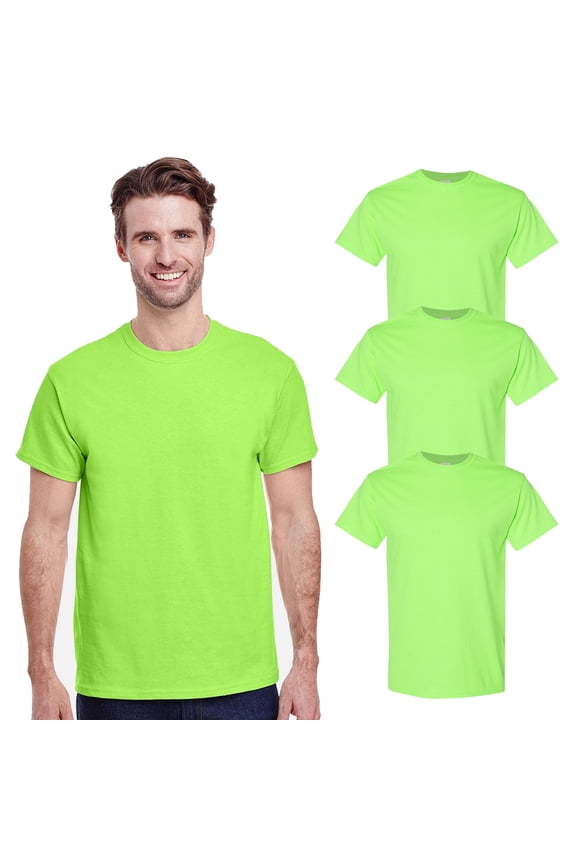 Heavy Cotton Men's Hi Vis Neon Green Tee, Short Sleeve High Visibility T-Shirt, Pack 3, M