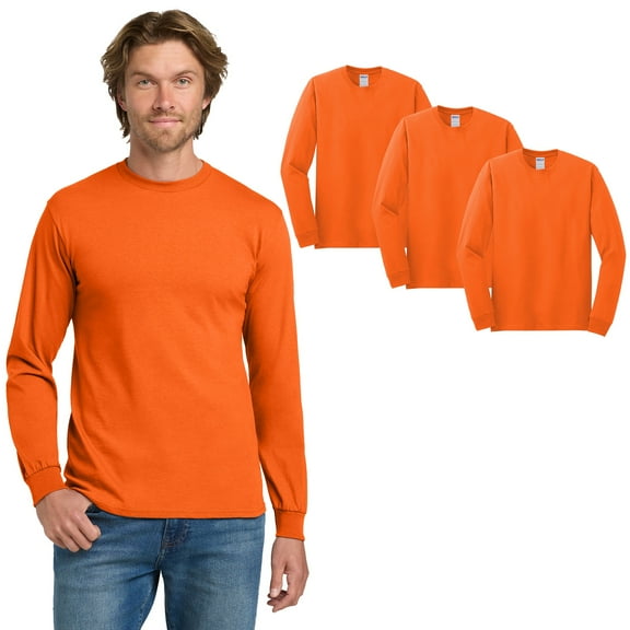 Gildan Heavy Cotton Men's High Visibility T-Shirt, Long Sleeve Safety Orange Work Tee, 3-Pack, L